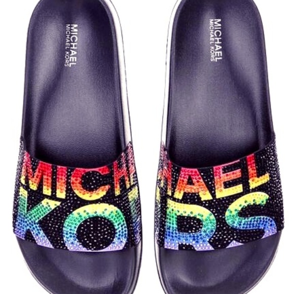 Michael Kors Gilmore Slides Black Rainbow Crystals - Picture 3 of 12